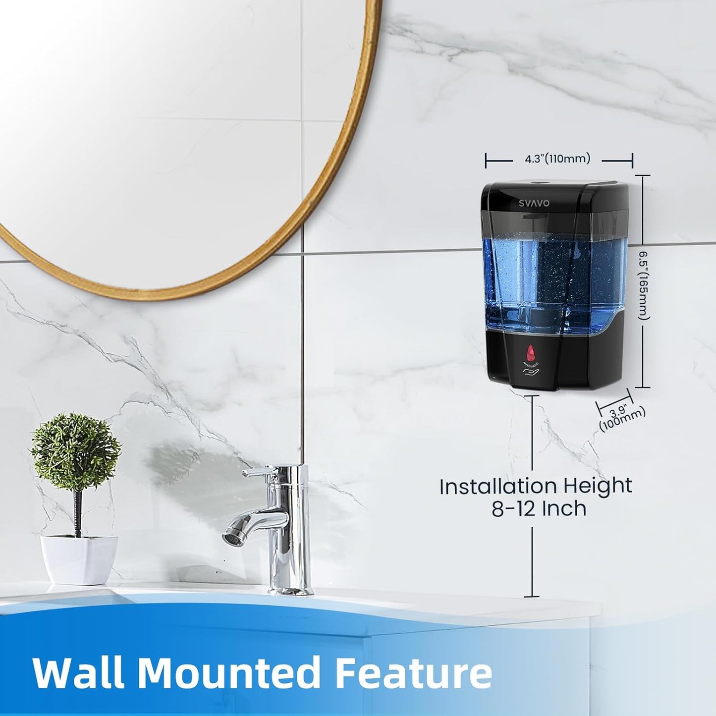 SVAVO Automatic Soap Dispenser Hand Soap Dispenser Wall Mount 600m/21 fl.oz, Touchless Electric Sensor Pump Battery Operated for Offices Home Kitchen Bathroom Hotel Restaurant Commercial
