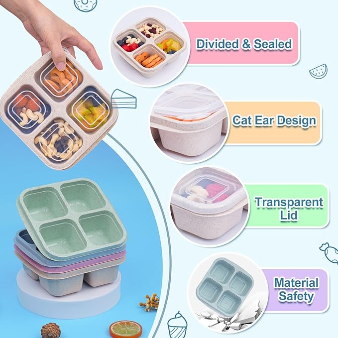 LCHLZZ 4 Pack Snack Containers, Divided Bento Snack Box, 4 Compartments Reusable Meal Prep Lunch Containers for Kids Adults, Food Storage Containers for School Work Travel
