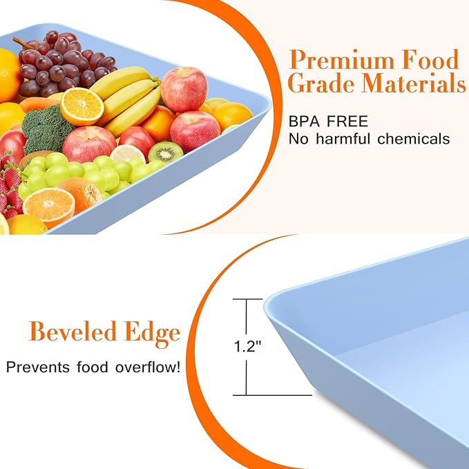 WOWBOX 4 pcs Serving Tray for Entertaining, Serving Platters for Snacks, Fruit, Cookies, Dessert, Reusable Plastic Trays for Serving Food and Pantry Organization in Kitchen & for Parties, (Blue)