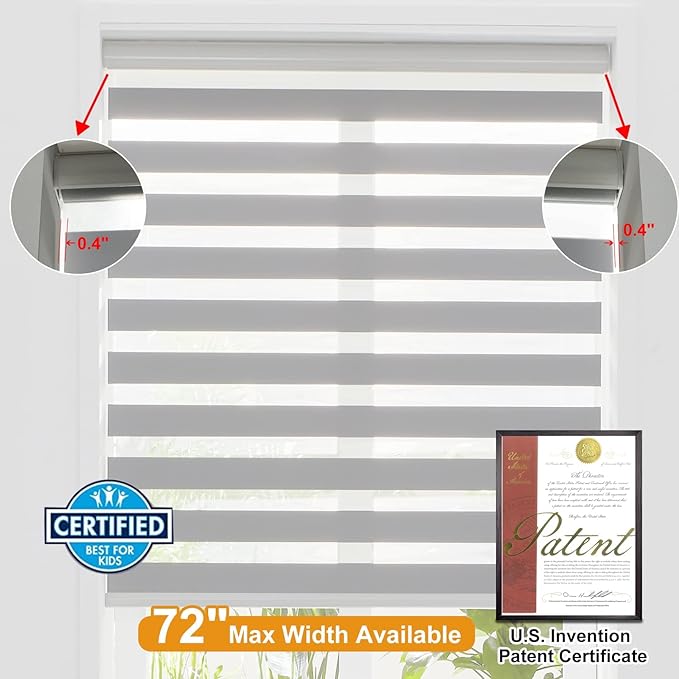 Persilux Cordless Zebra Blinds for Windows Shades (35.5" W x 64" H, Grey) Dual Layer Fabric Light Control for Day and Night Room Darkening Sheer Roller Shades for Home, Bedroom and Office