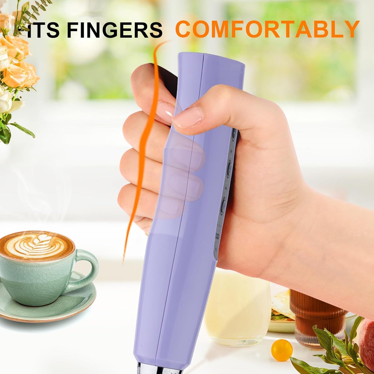 YUSWKO Light Purple Handheld Milk Frother Wand for Coffee, Rechargeable Electric Whisk with 3 Heads 3 Speeds Drink Mixer Coffee Frother For Latte, Cappuccino, Hot Chocolate, Egg