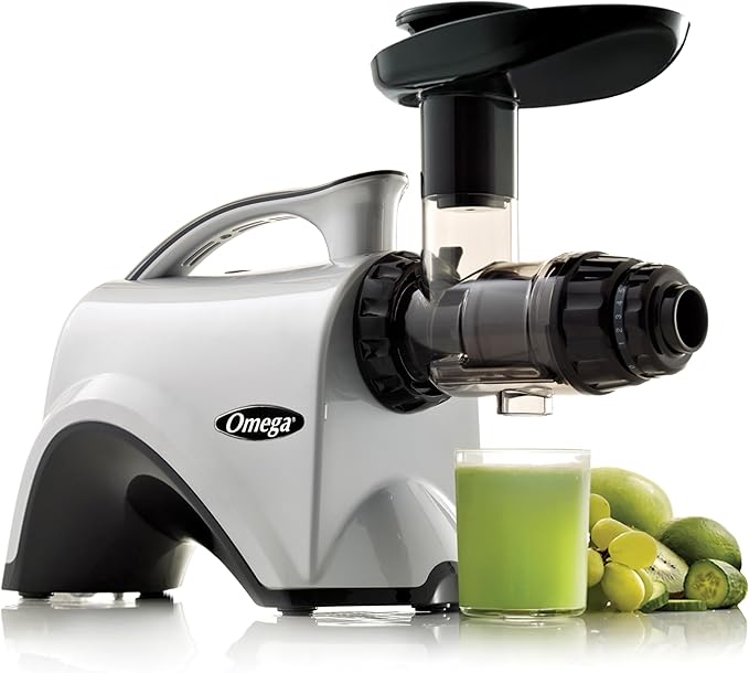 Omega NC800HDS Cold Press Juicer Machine, Vegetable and Fruit Juice Extractor and Nutrition System, Dual-Stage Slow Masticating Juicer, 150 W, Manual, Silver