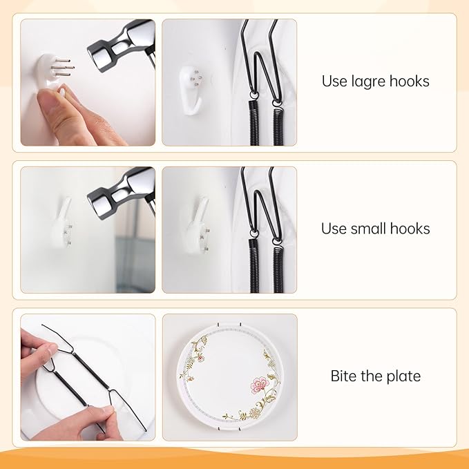 Bilillo 15-Piece Stainless Steel Wall Plate Hangers, 4/6/8 Inch Invisible Decorative Wire Plate Holders with 15 Pieces Wall Hooks for 4 to 10 Inch (Black)