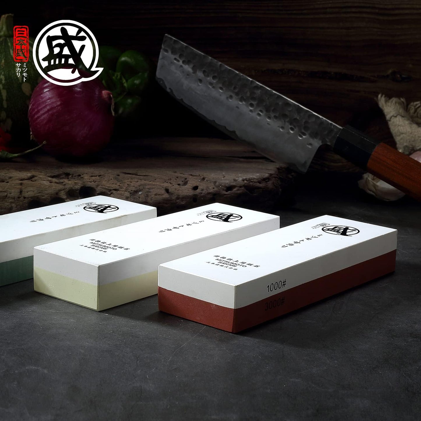 MITSUMOTO SAKARI Japanese Knife Sharpening Stone, Professional Double-Sided Whetstone 1000/3000 Grit, Kitchen Knife Sharpener Stones with Non-Slip Wooden Seat