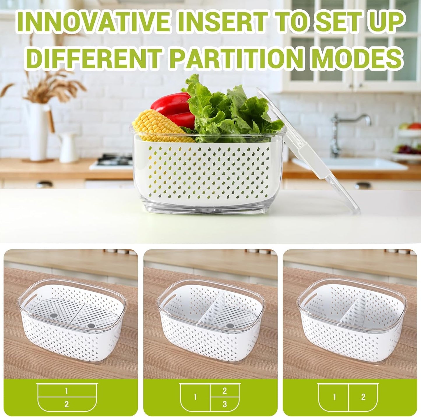 LUXEAR Fresh Produce Vegetable Fruit Storage Containers 3Piece Set, BPA-free, Partitioned Salad Container, Fridge Organizers, Used in Storing Fruits Vegetables, White