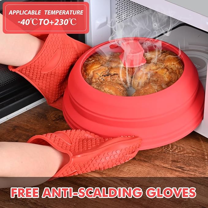 Microwave Splatter Cover Glass Splatter Guard Lid with Collapsible Silicone for Food Pot Plate Cover 10.8 inch Red