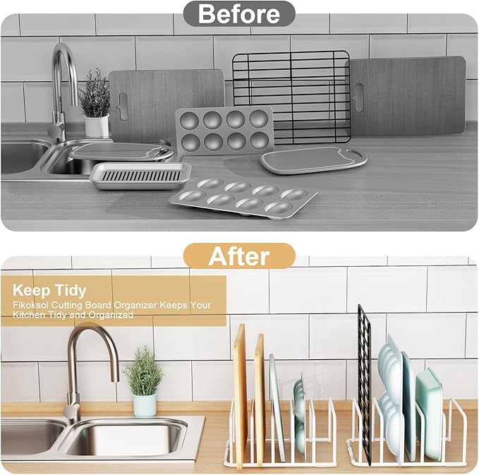 Cutting Board Organizer and Baking Sheet Rack, [1-Pack] White Heavy Duty Metal Cookie Sheet Organizer for Cutting Board Storage & Plate Holder for Cabinet, Tray Dividers for Cabinets