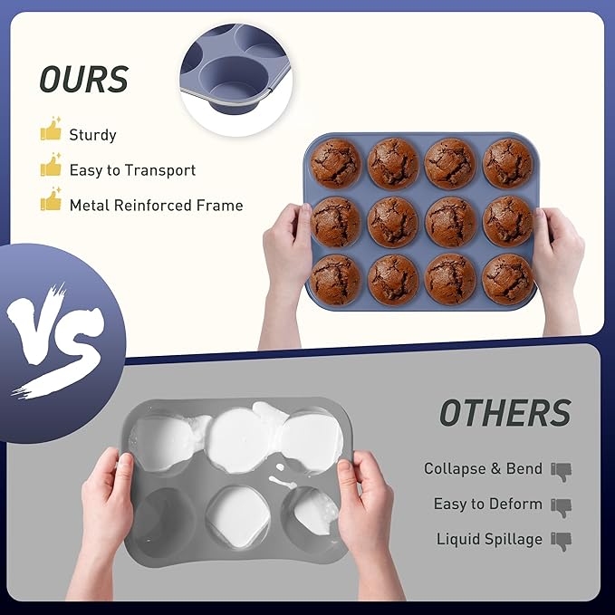 2 Pack 12 Cups Silicone Muffin Pan with Metal Reinforced Frame Regular Size Silicone Molds Cupcake Cake Baking Pans Baking Mold Best Baking Pans Tart Pan Sheet Set Reusable Cupcake Liners