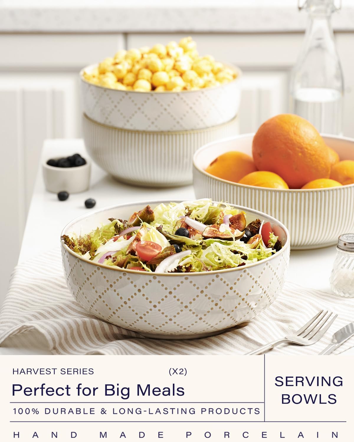 getstar Large Serving Bowls (9.5 inch & 92 fl oz), Ceramic Salad Bowl Set of 2, Microwave and Dishwasher Safe, Farmhouse Kitchen Decorative Bowls Set (Embossed Checks & Stripes)