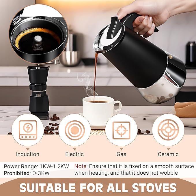 Moka Pot, 9 Cups (15.9 oz) Stovetop Espresso Maker, 304 Stainless Steel Moka Pot, Induction Compatible, Black