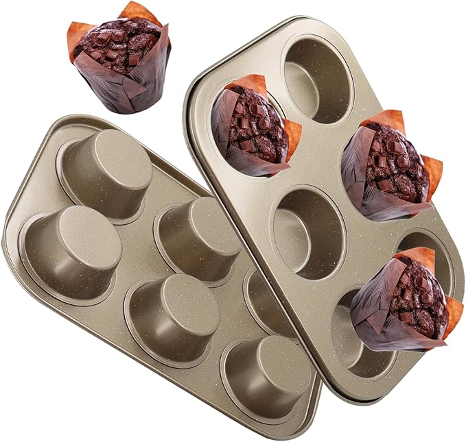 2 Packs Round Muffin Baking Pan, Premium Steel Muffin Pan for Baking, Nonstick Cupcake Tin Cheesecake Pans, Bakeware Muffin Top Pan (6 Cups, Golden)