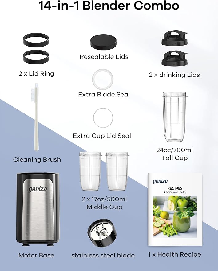 Ganiza Blender for Smoothies, 14Pcs Personal Blender for Shake and Smoothies for Kitchen with 3 Portable Cups (1x24oz & 2X17oz), Single Serve Smoothie Maker, Nutritious Recipe