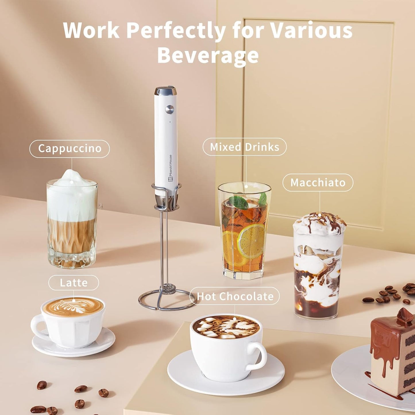 Maestri House Rechargeable Milk Frother with Stand, LunaFro Handheld Electric Foam Maker Waterproof Detachable Stainless Steel Whisk Drink Mixer Foamer for Lattes, Cappuccino
