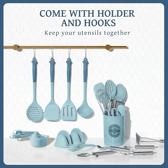Kikcoin 43Pcs Large Kitchen Utensils Set - Silicone Cooking Utensils Set, Dishwasher Safe Spatula Set for Non-stick Cookware, 446°F Heat Resistant Kitchen Utensils Set with Holder BPA Free, Blue