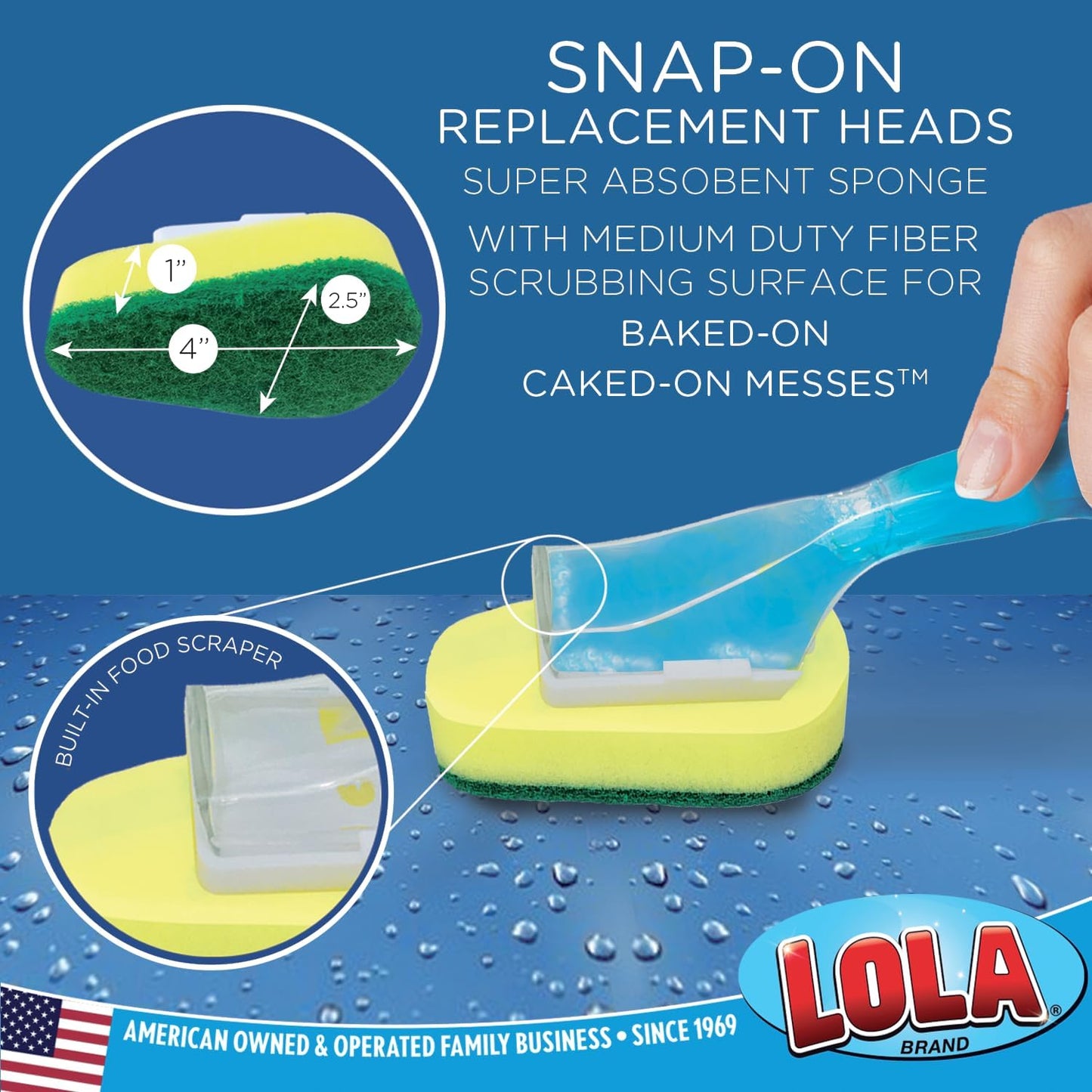 Lola Products Soap Dispenser Dish Wand Sponge Head Refills, Super Absorbent Scrubber, Non-Scratch, for Cleaning Dishes, Sinks and Cookware, 12 Pack