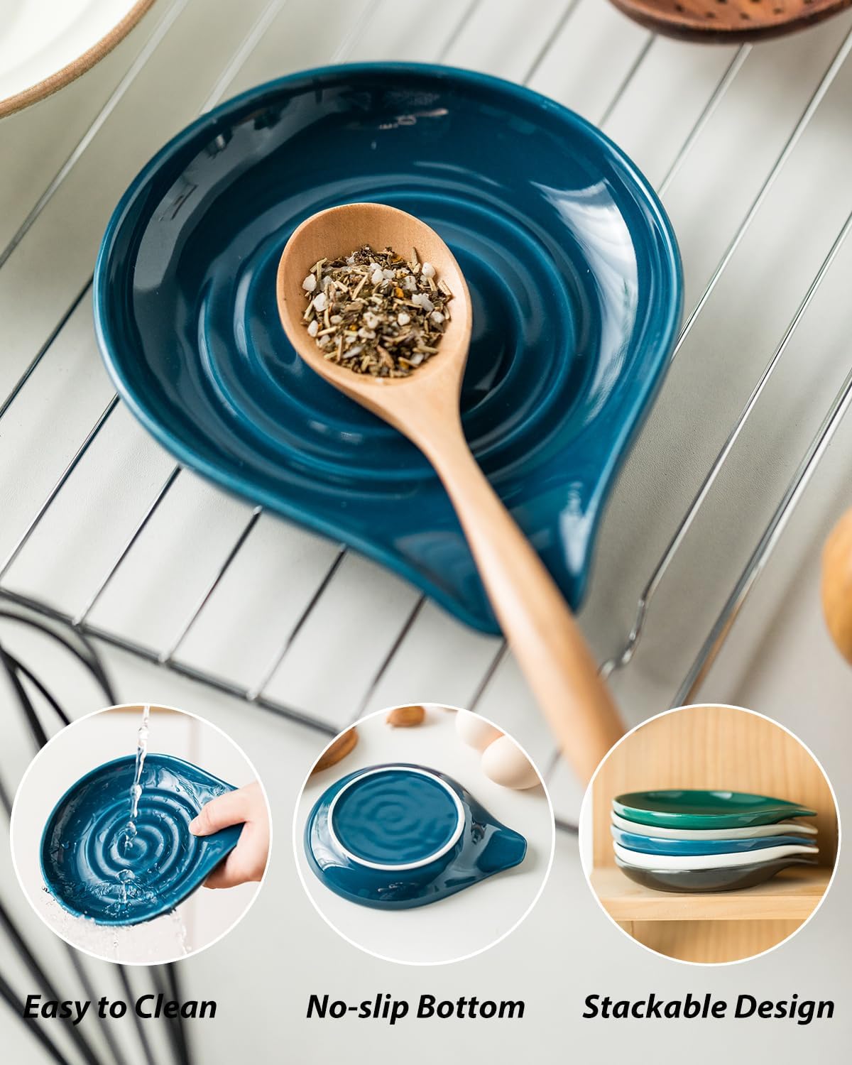 LAUCHUH Spoon Rest for Stove Top, Ceramic Spoon Holder for Kitchen Counter Large Spatula Holder for Spoons, Ladles, Tongs, Christmas Decor, Set of 2, 5 inch, Blue