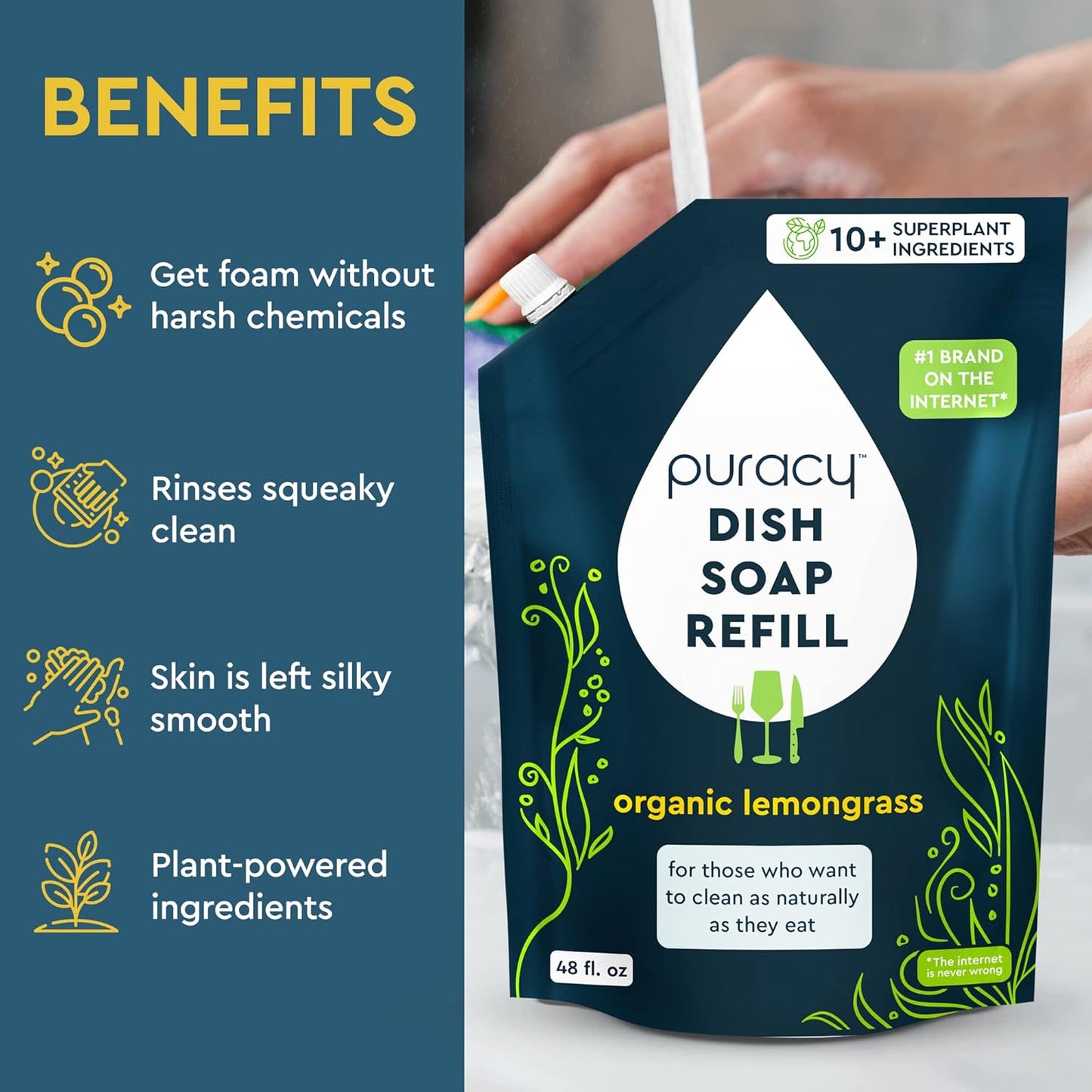 Puracy Natural Dish Soap Refill - Skin-Softening Plant-Based Liquid Dishwashing Detergent Soap, Clean-Rinsing Water-Sheeting Formula (Organic Lemongrass, 48 fl oz)