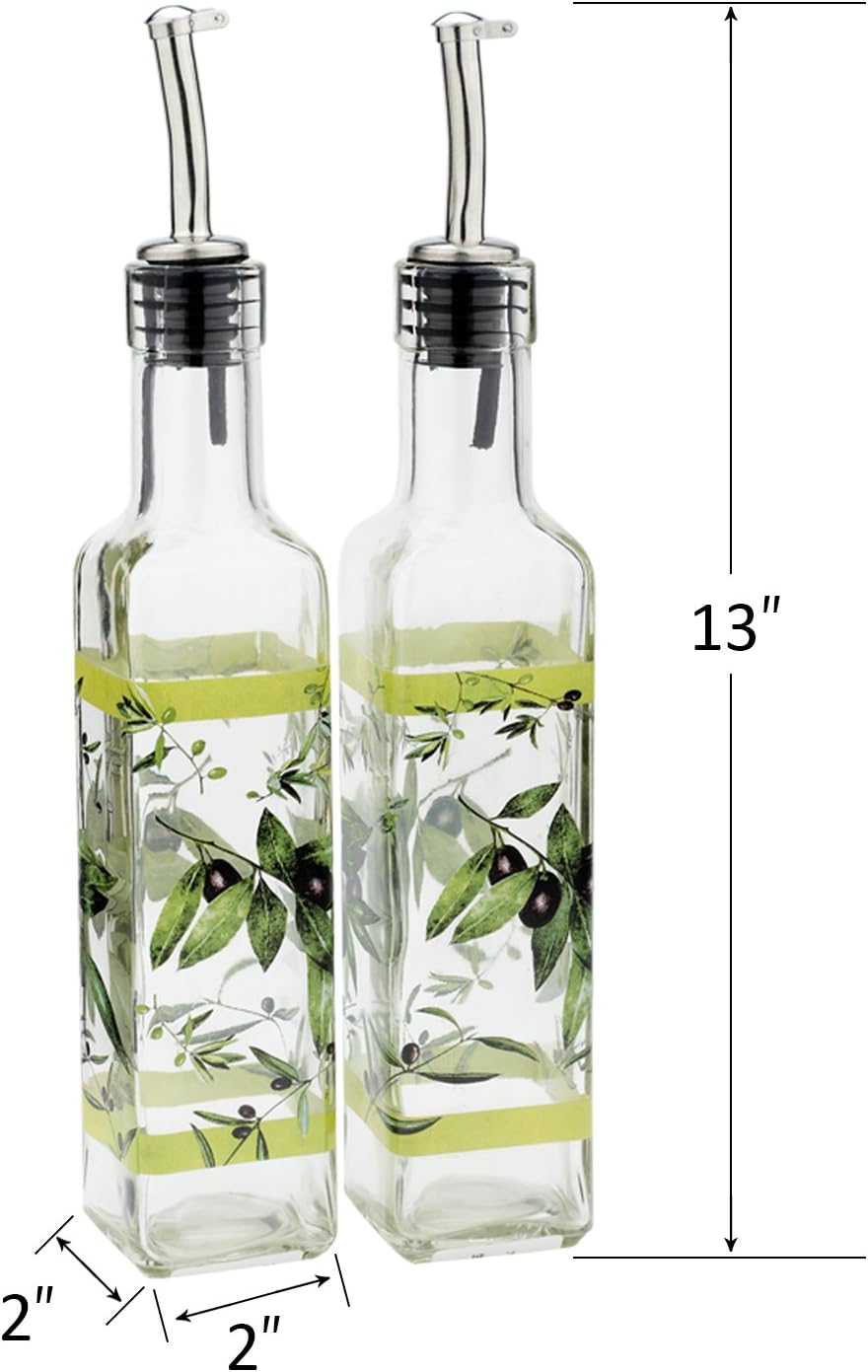 CEDAR HOME Olive Oil Bottle Set Glass Dispenser Vinegar Cruet 17oz. with Stainless Steel Leak Proof Pourer Spout for Cooking or Salad Dressing, Green, 2 Packs