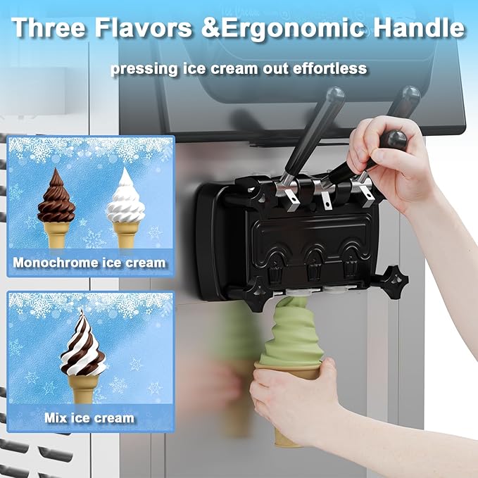 PioneerWorks Commercial Ice Cream Machine, 20-28L/H Yield, 2200W 7L X 2 Capacity, LCD Display, Auto Clean Adjustable Hardness 3 Flavor for Restaurant Snack Bars