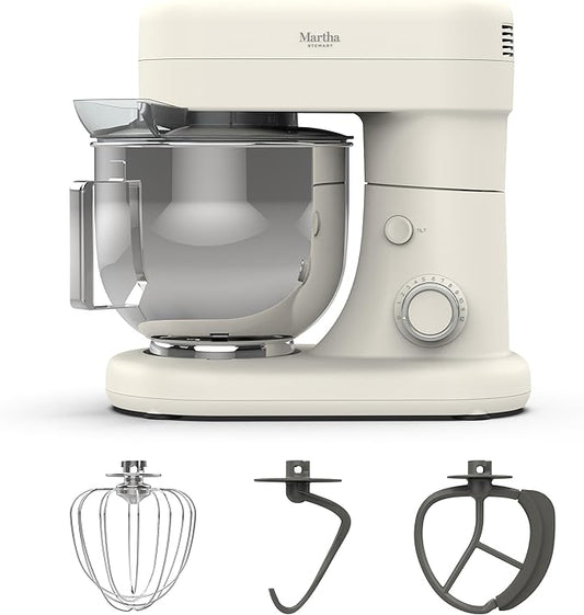 Martha Stewart  Tilt-Head Stand Mixer, 12 Speed, 5.3QT Stainless Steel Bowl, Splash Guard with Pour Chute, Whisk, Dough Hook, Flat Beater, Electric Kitchen Baking Mixer, Bread, Cake, Whip, Linen White