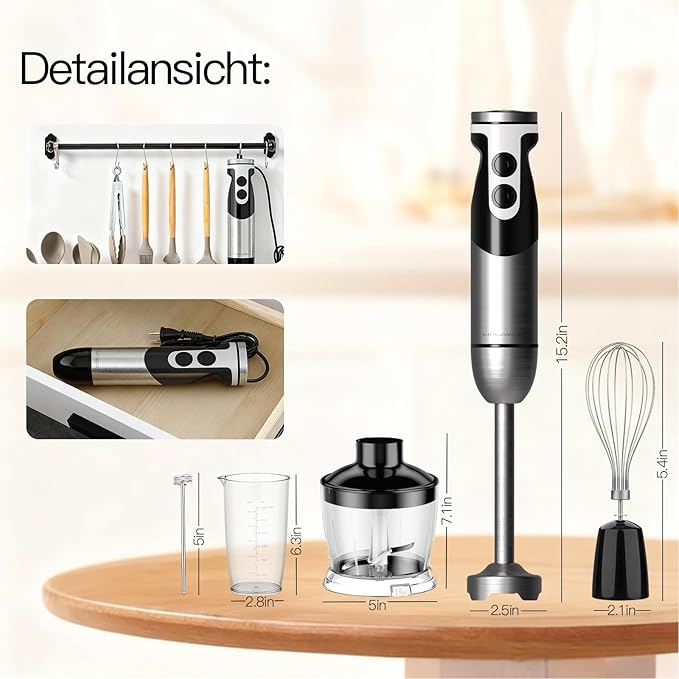 MegaWise Blender Handheld 12-Speed Stainless Steel Electric Hand Blender, 5 in 1 Immersion Handheld Blender，Titanium Blades Hand Blender, Milk Frother Wand,with 600ml Whisk Beaker and Chopper (black)