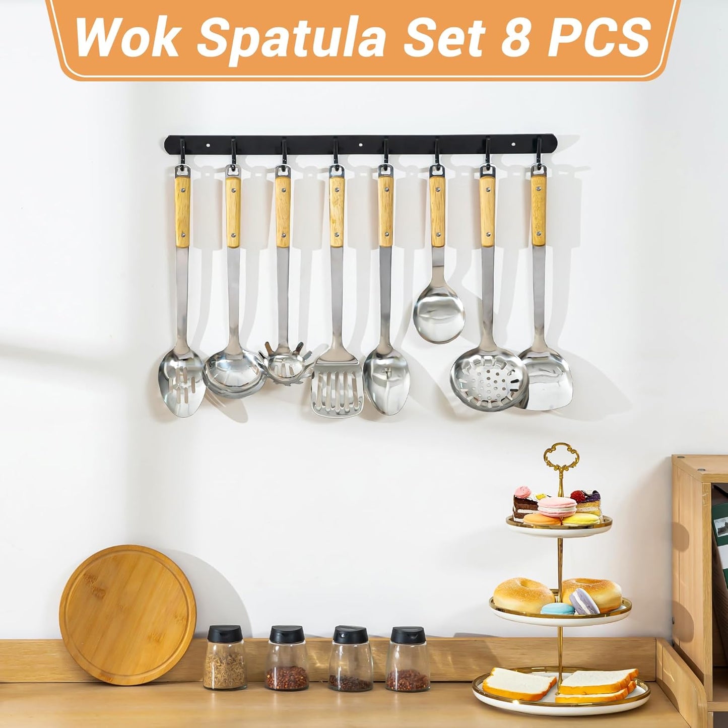 FJNATINH Cooking Utensils - Spatula and ladle Set with Wood Handle, 8 Pieces Wok Utensils Tools - Wok Accessories Cookware Set