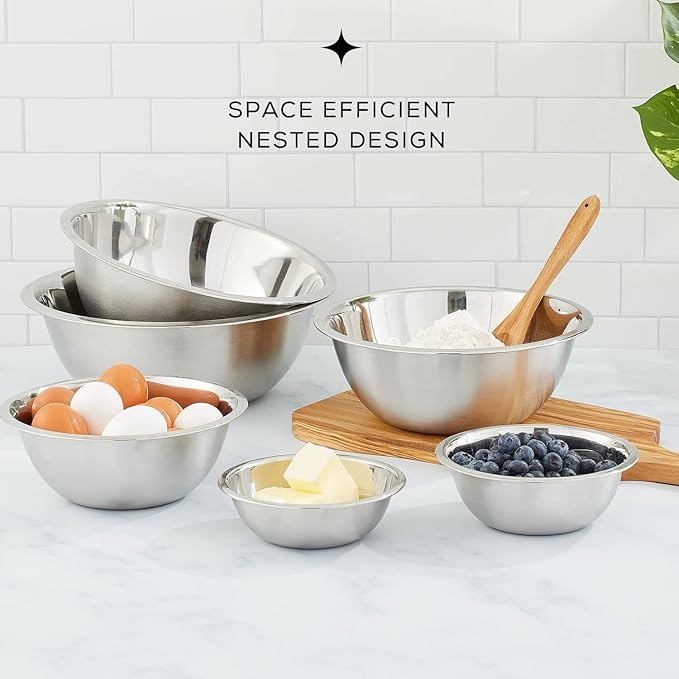 JoyJolt Stainless Steel Mixing Bowl Set - 6 Piece Nesting Bowls, 5qt to 0.5qt, Ideal for Kitchen, Cooking, Baking and Storage