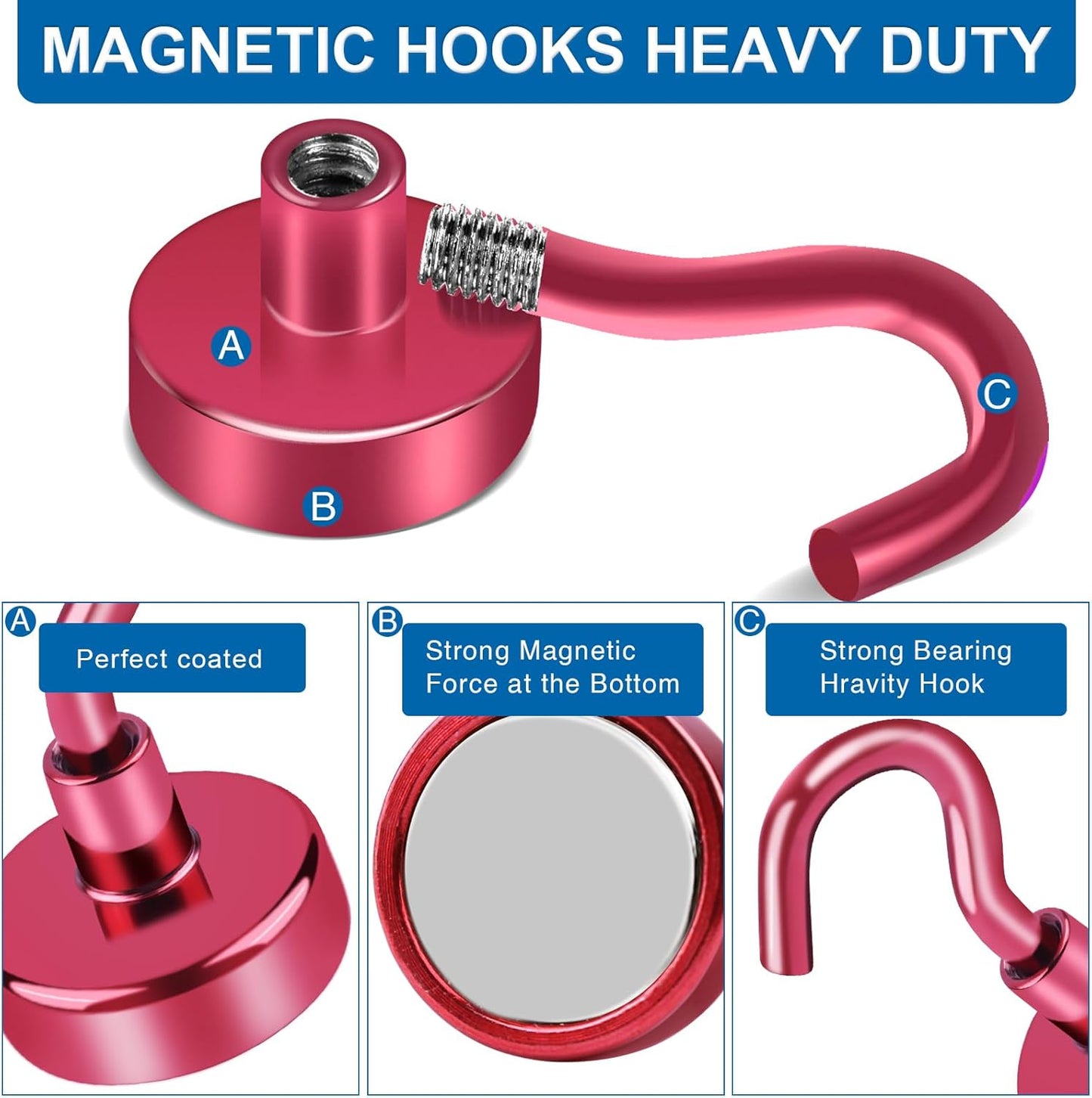 LOVIMAG Cruise Essentials, 40Lbs Red Cruise Magnets, Magnet Hooks for Cruise Cabin,Strong Magnetic Hooks for Hanging Cruise Lanyard, Fridge, Ceiling, 6 Pack