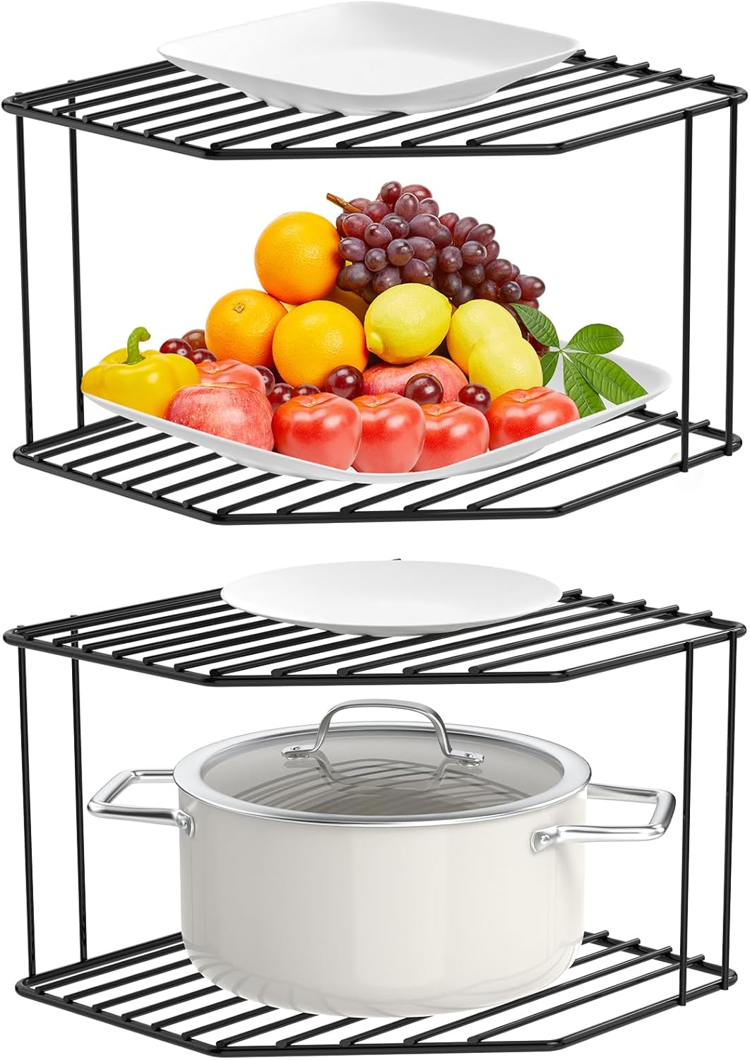 AKAZA 2-Tier Corner Stackable Organizer - Cabinet & Counter Shelf Rack, Storage Rack Organizer for Kitchen (Black)