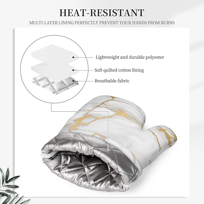 Oven Mitts and Pot Holders Marble White Gold Silicone Kitchen Accessories Set of 4 Heat Resistant Long Gloves Potholder Non-Slip Grip for Chef Cooking,Baking,Grilling,BBQ