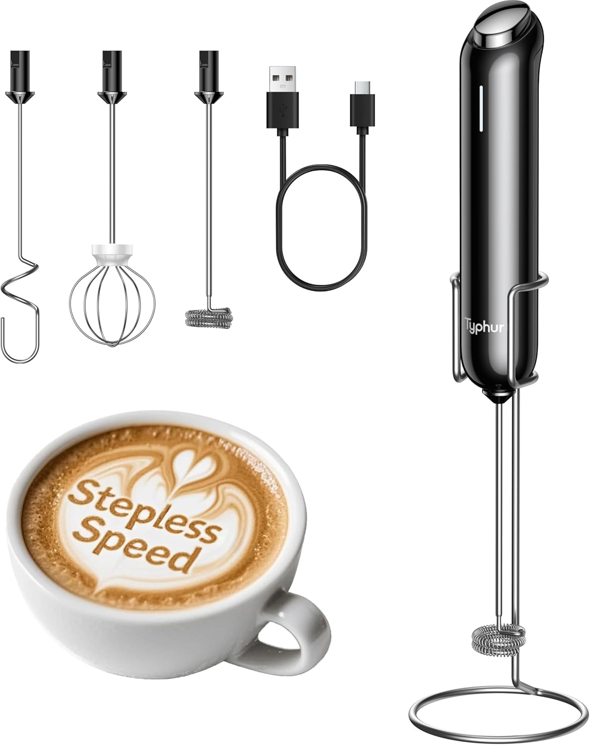 InstaWhisk Milk Frother with Variable Speed, Rechargeable Coffee Frother Wand with Detachable Double Whisk, Drink Mixer Handheld Electric Stirrer for Latte, Cappuccino, Matcha, Almond Milk, Protein