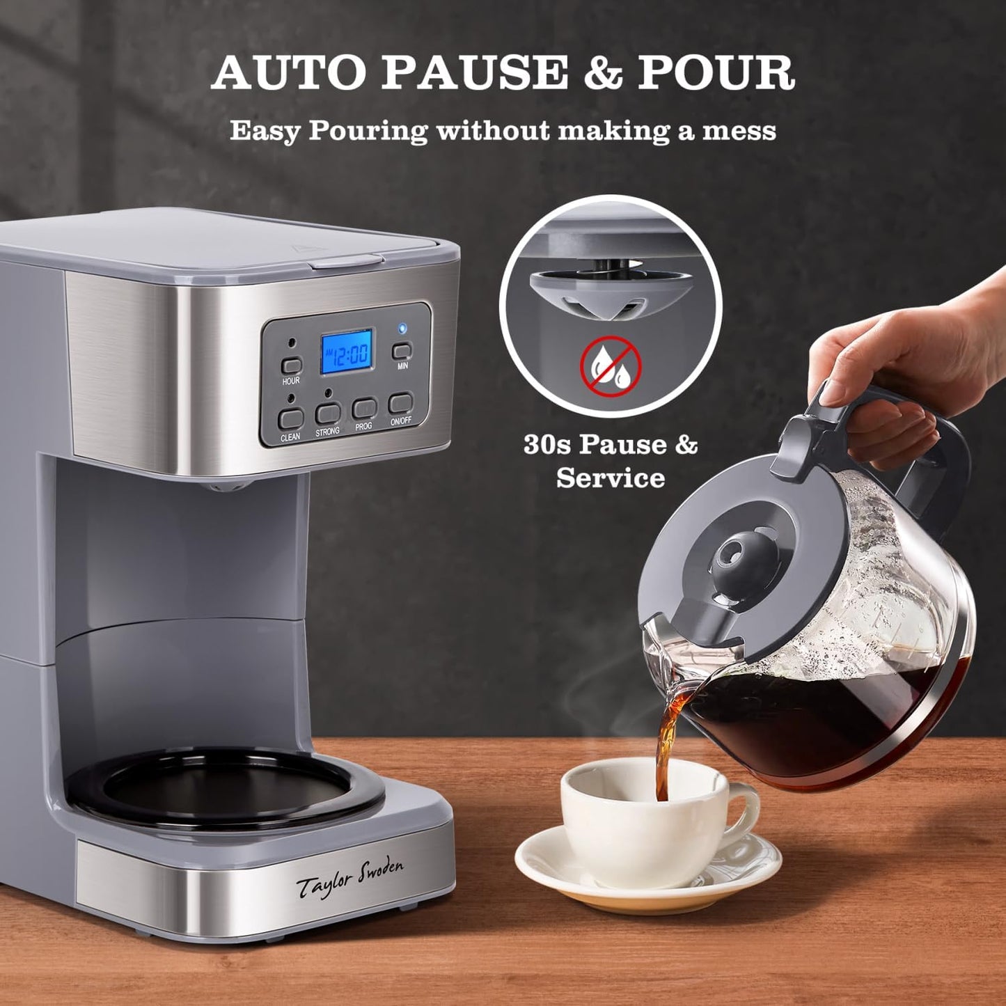 Taylor Swoden 12-Cup Programmable Coffee Maker, Regular & Strong Brew Drip Coffee Machine for Home and Office, Glass Carafe, Pause & Serve, Auto Shut Off, Gray & Stainless Steel