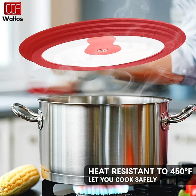 Universal Lid for Pots, Pans and Skillets - Walfos Tempered Glass Pan Lid with Heat Resistant Silicone Rim, BPA Free Large Pot Lids Fits 10", 11" and 12" Diameter Cookware, Dishwasher-Safe, Red