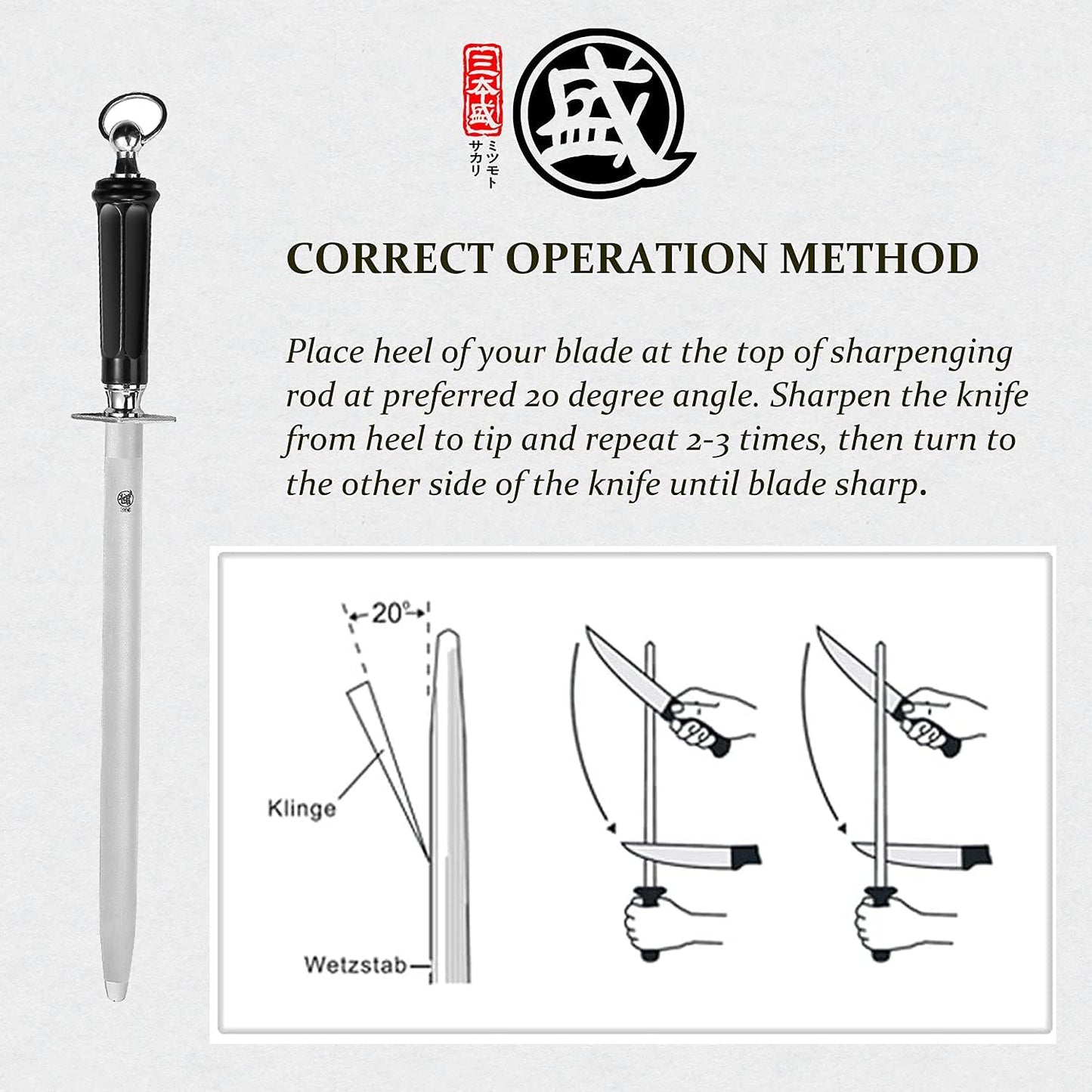 MITSUMOTO SAKARI 10 inch Japanese Honing Steel - Round Diamond Knife Sharpening Rod, Professional High Carbon Sharpener with ABS Handle & Powerful Magnet
