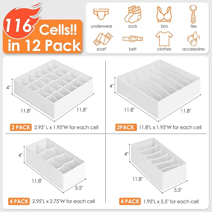 12 Pack Drawer Organizers for Clothing, 116 Large Compartments Fabric Dresser Closet Organizers and Storage Bins for Baby Clothing, Women Men Underwear Socks, Bra, Ties, College Dorm Room Essentials
