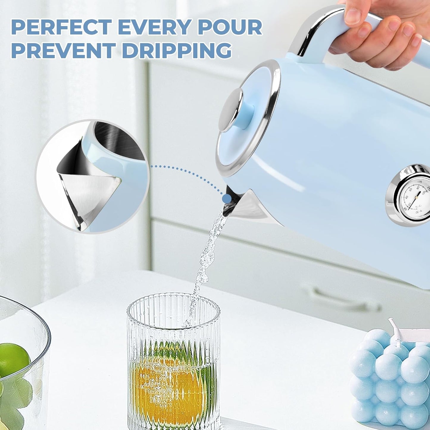 SUSTEAS Electric Kettle - 57oz Hot Tea Kettle Water Boiler with Thermometer, 1500W Fast Heating Stainless Steel Tea Pot, Cordless with LED Indicator, Auto Shut-Off & Boil Dry Protection, Blue