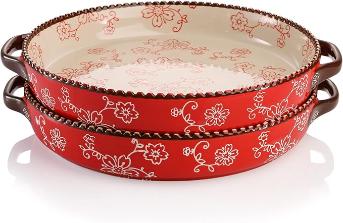 AVLA 2 Pack Ceramic Pie Pan, 9 Inch Round Baking Dish with Double Handle, 28 Ounce Deep Quiche Plate for Kitchen, Cooking, Roasting Lasagna (Sakura, Red)