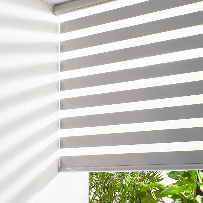 Persilux Cordless Zebra Blinds for Windows (59" W X 47" H, Grey) Free-Stop Dual Layer Roller Windows Shades for Day and Night, Light Filtering Sheer Shades for Home, Easy to Install