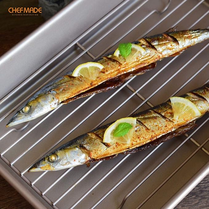 CHEFMADE Roasting Pan with Rack, 13-Inch Non-Stick Rectangular Deep Dish Oven-BBQ Bakeware for Oven Baking 9" x 13" x 2.4" (Champagne Gold)
