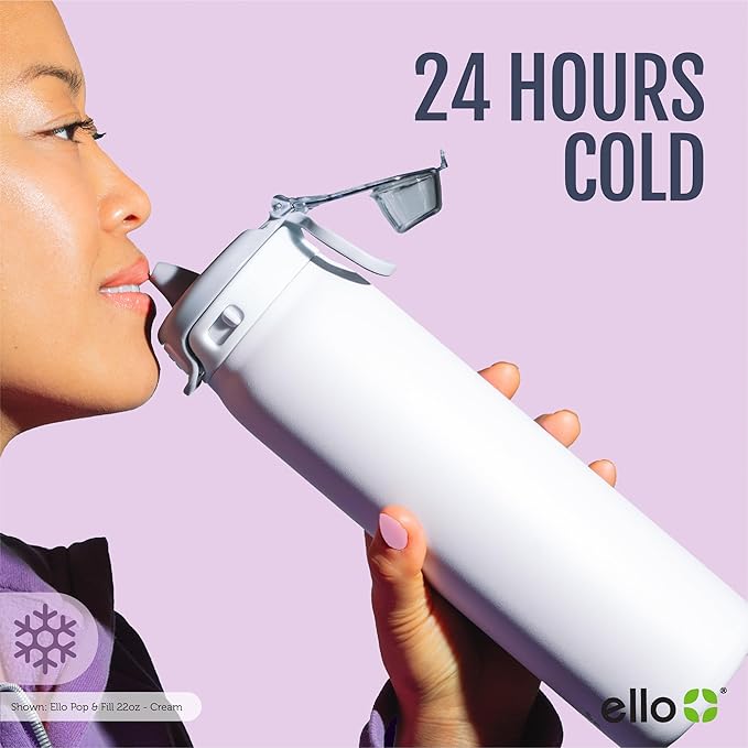 Ello Pop & Fill 32oz Stainless Steel Water Bottle with QuickFill Technology, Double Walled and Vacuum Insulated Metal, Leak Proof Locking Lid, Straw and Chug, Reusable, BPA Free, Full Bloom