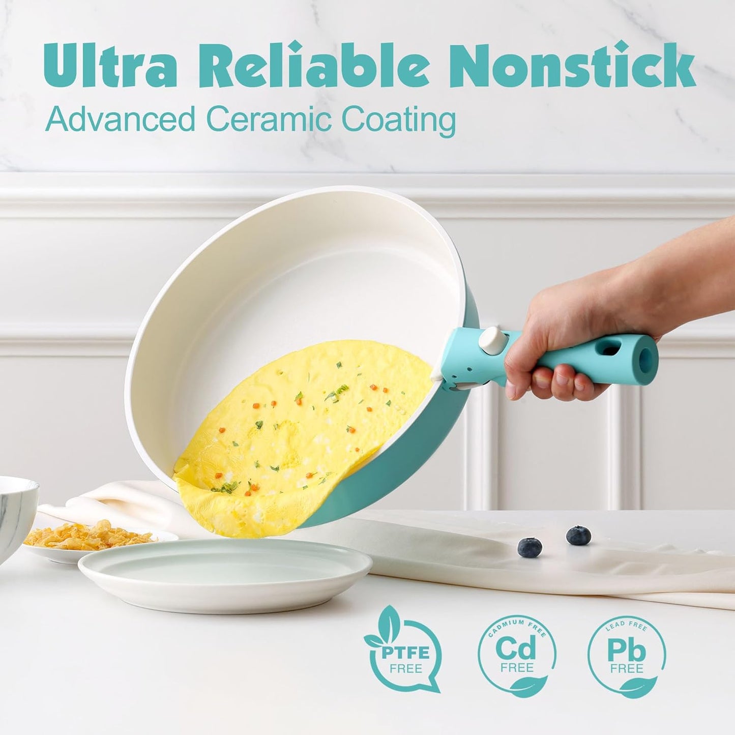 SENSARTE 17 Piece Ceramic Pots and Pans Set, Nonstick Detachable Handle Cookware, Induction Kitchen Cookware Set with Removable Handle, Dishwasher ＆ Oven Safe (Turquoise)