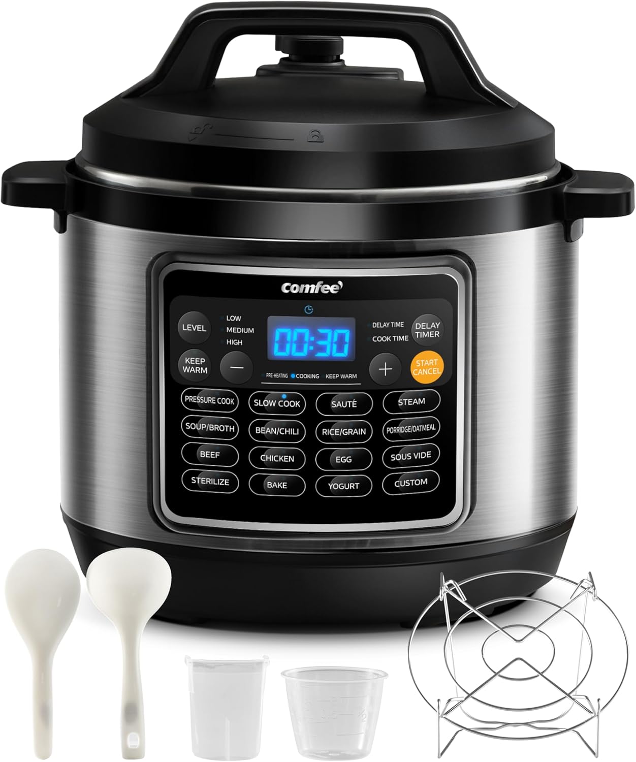 COMFEE’ 16 in 1 Electric Pressure Cooker Instant Multi Cooker Olla de Presion Non-Stick Pot Yogurt Maker Rice Cooker Sauté Steamer 8 Quarts Stainless Steel