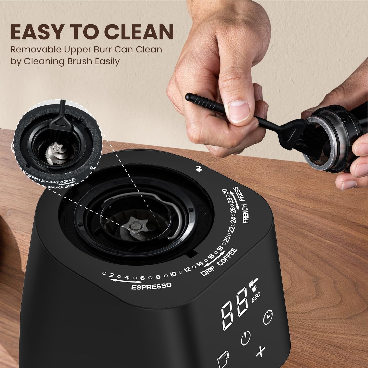 Conical Burr Coffee Grinder with Touch Panel, Adjustable Coffee Bean Grinder with 30 Grinding Settings,2-12 Cups for Espresso,French Press & Drip Coffee