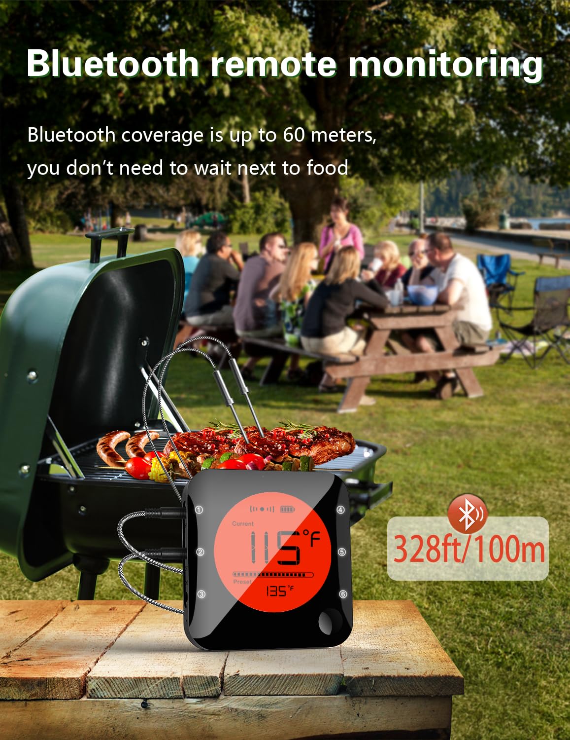BFOUR Bluetooth Meat Thermometer Wireless Grill Thermometer with 3 Probes, Premium Digital Meat Thermometer Food Thermometer Timer Alarm for Smoker, Grill, Oven, Kitchen, Cooking, BBQ