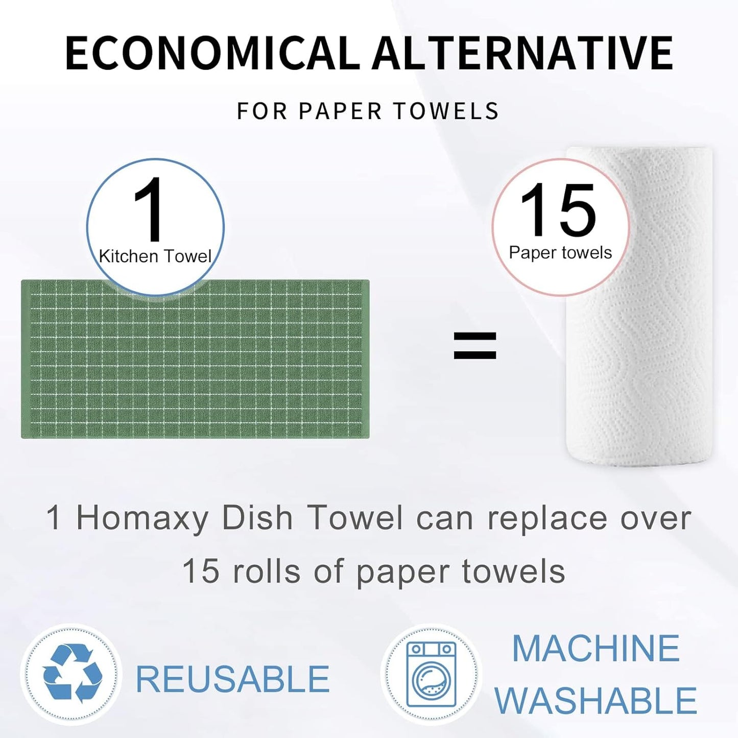 Homaxy 100% Cotton Terry Kitchen Towels(Grass Green, 13 x 28 inches), Checkered Designed, Soft and Super Absorbent Dish Towels, 12 Pack
