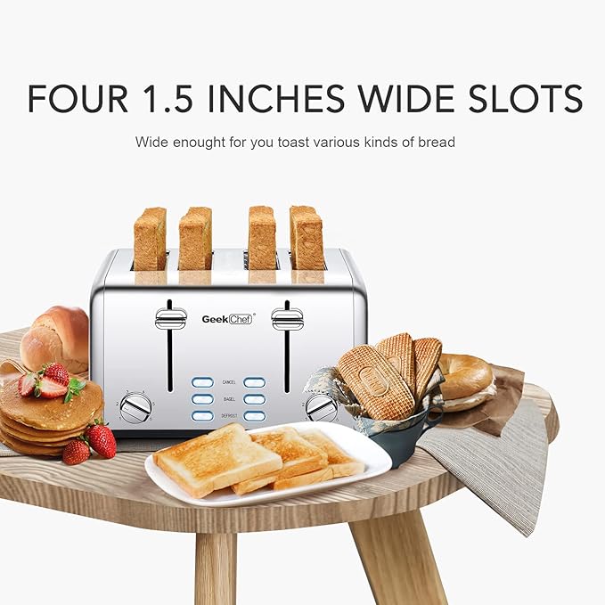 Geek Chef Stainless Steel Toaster 4 Slice, with Extra Wide Slots for Bagels, Removable Tray, Cancel/Defrost/Reheat Functions
