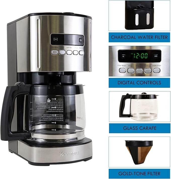 Kenmore Drip Coffee Maker - Programmable Cafe Machine With Glass Pot, Regular & Bold Brew, Auto Shut Off Large Water Reservoir, Reusable Filter, Kitchen Appliances For Cafeteria Barista, 12 Cup Black