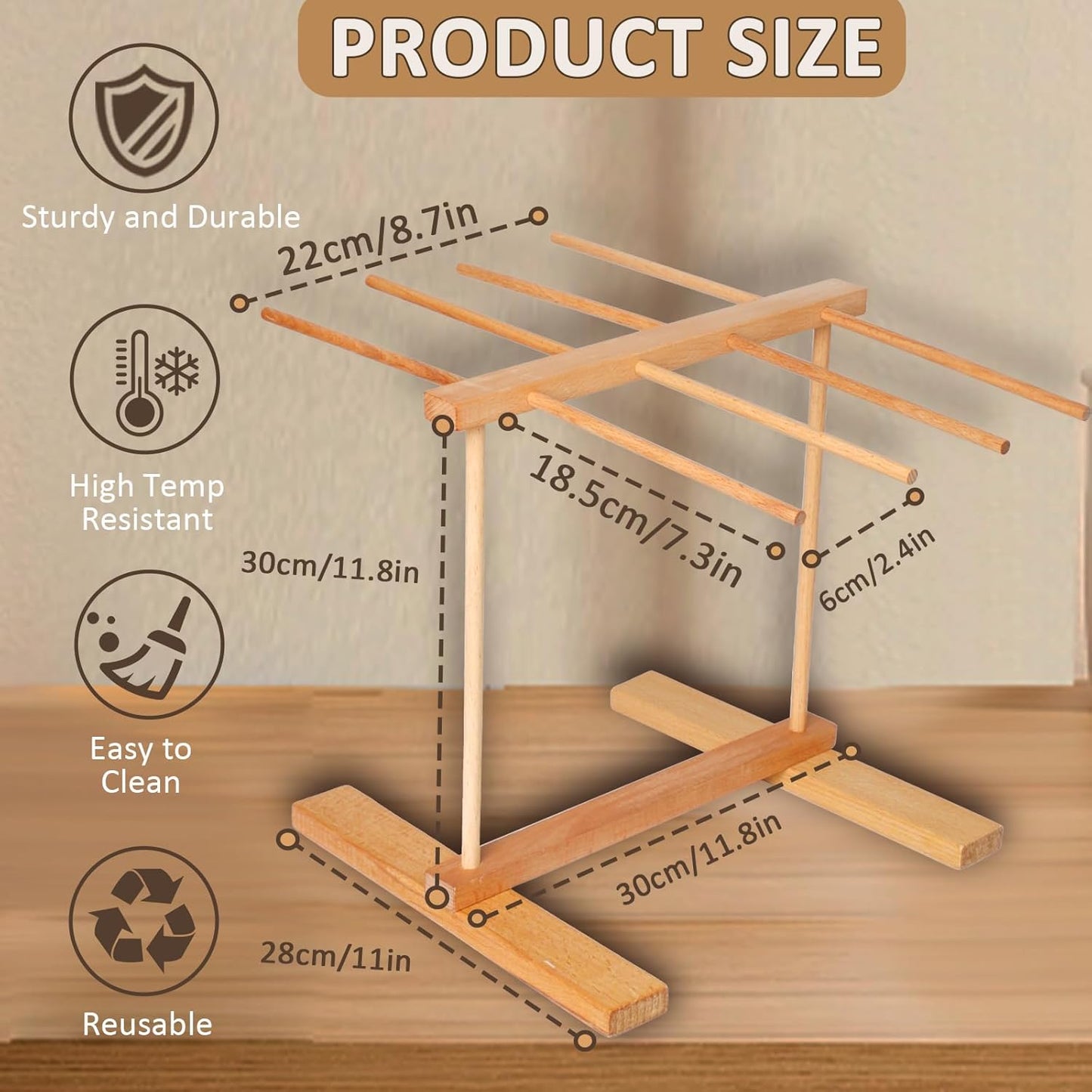 Gekufa Pasta Drying Rack – 8 Arms Collapsible Beechwood Noodle Dryer for Spaghetti, Fettuccine, Linguine – Compact Foldable Design for Easy Storage