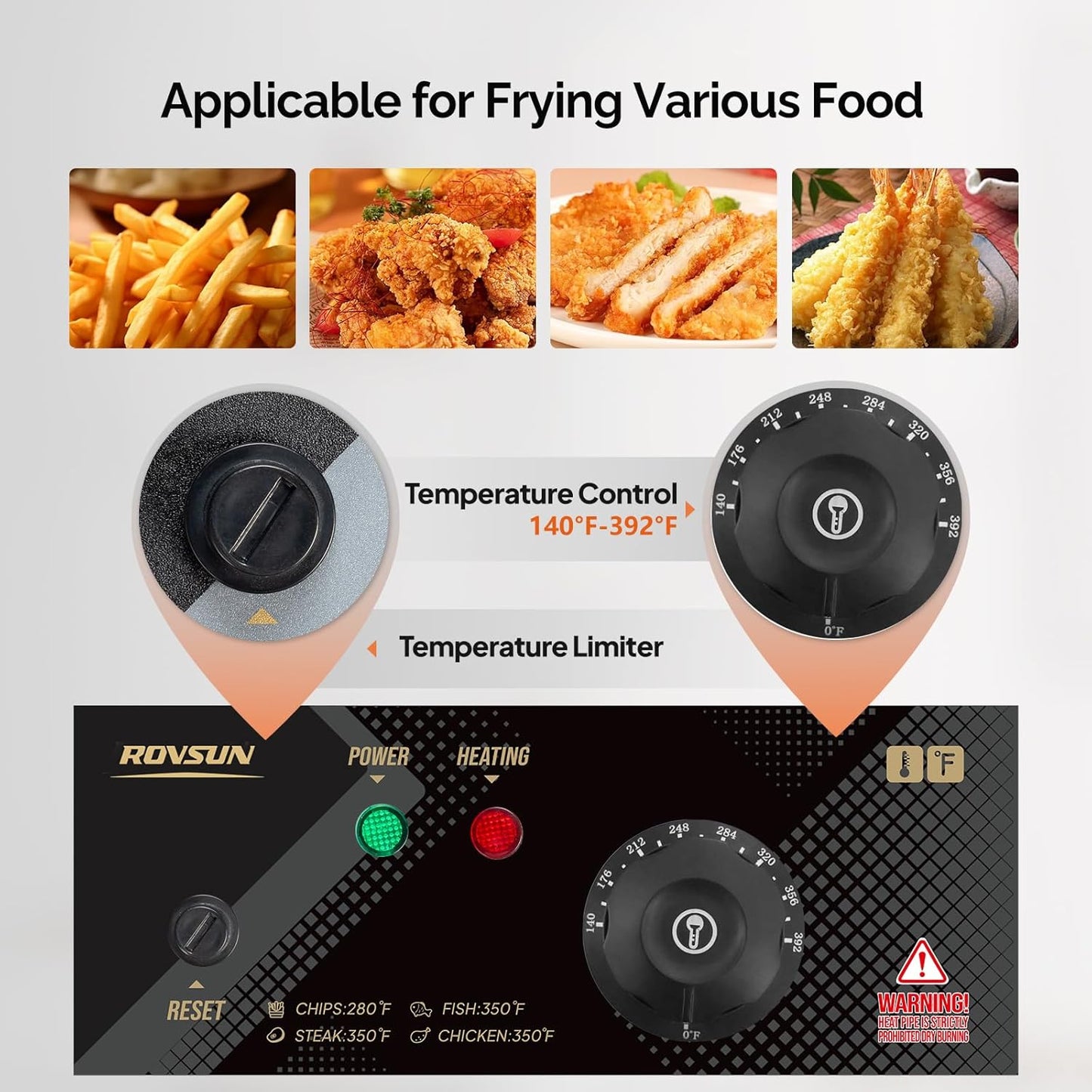 ROVSUN 11.4QT Electric Commercial Deep Fryer with Basket & Lid, Countertop Kitchen Frying Machine, Temperature Adjustable Stainless Steel French Fryer for French Fries Donuts Onion Rings 2500W