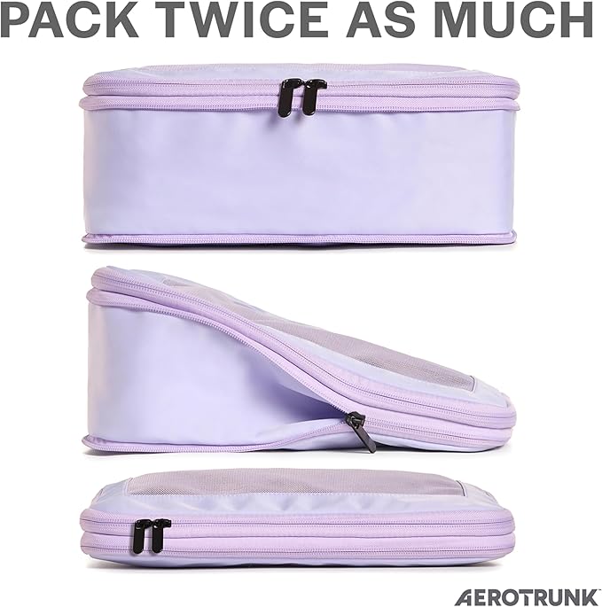Aerotrunk Compression Packing Cubes for Travel - Luggage Organizer Bags - Double Zipper Packing Cubes for Suitcases (6-Pack, Purple)